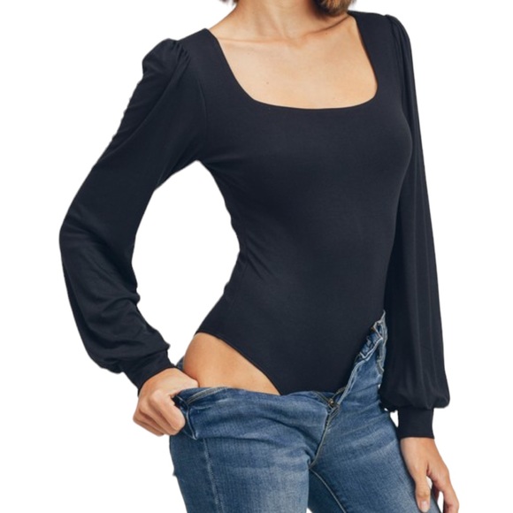 Women’s MOCHA Double Layer Square Neck Puff Sleeve Bodysuit NWOT  (#0196) - Picture 3 of 3